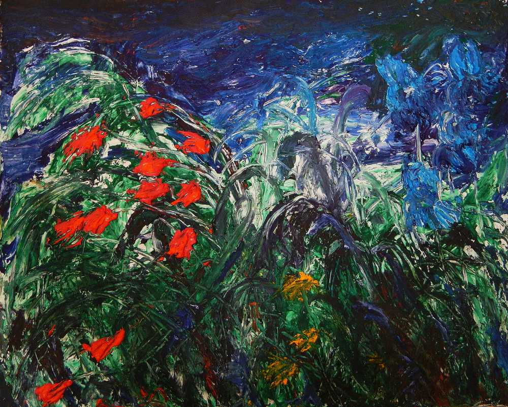 Jardin sous l'emprise du vent-2015,acrylique-enduit sur toile. Artiste 
peintre expressionniste Florence Gautier.